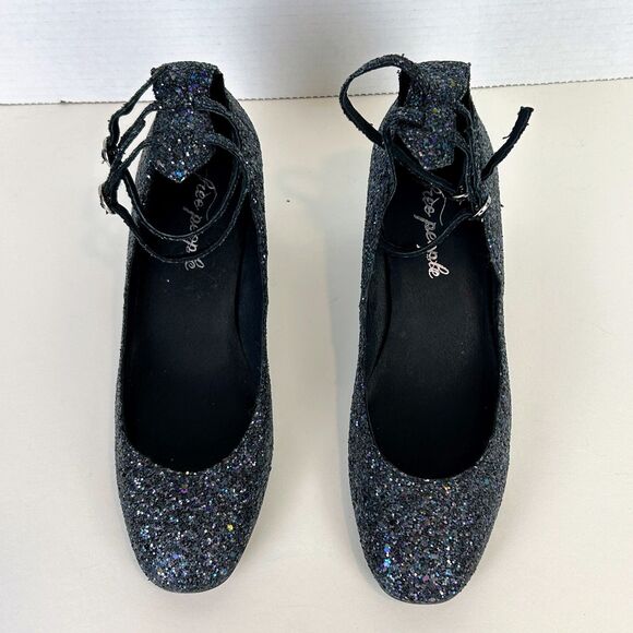 NWT Free People Lana Glitter Block 8 Heels Ankle Strap Blue Black Women's 38 7.5 - Picture 6 of 11